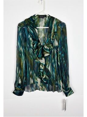 Jones New York Top Ruffle Front Green Blue Watercolor Size 16